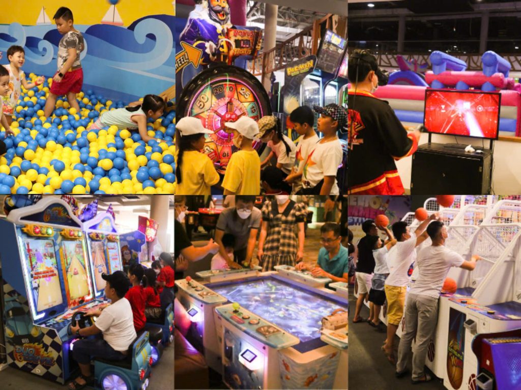 Khu vui chơi giải trí để trẻ em để vui chơi gồm nhiều trò chơi hấp dẫn như: nhà phao, máy game, bóng rỗ,..