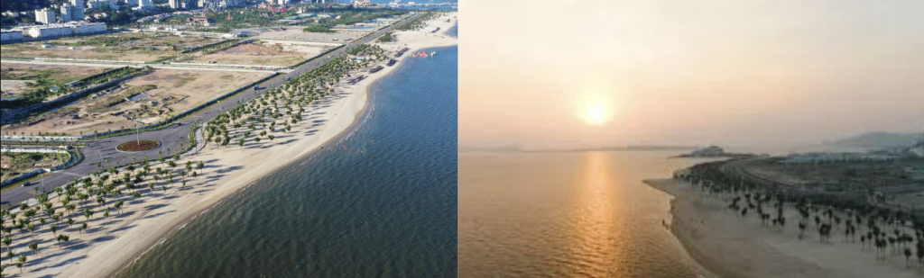 Toàn cảnh bãi tắm Hòn Gai Hạ Long từ trên cao với hàng dừa và đường bao biển Trần Quốc Nghiễn