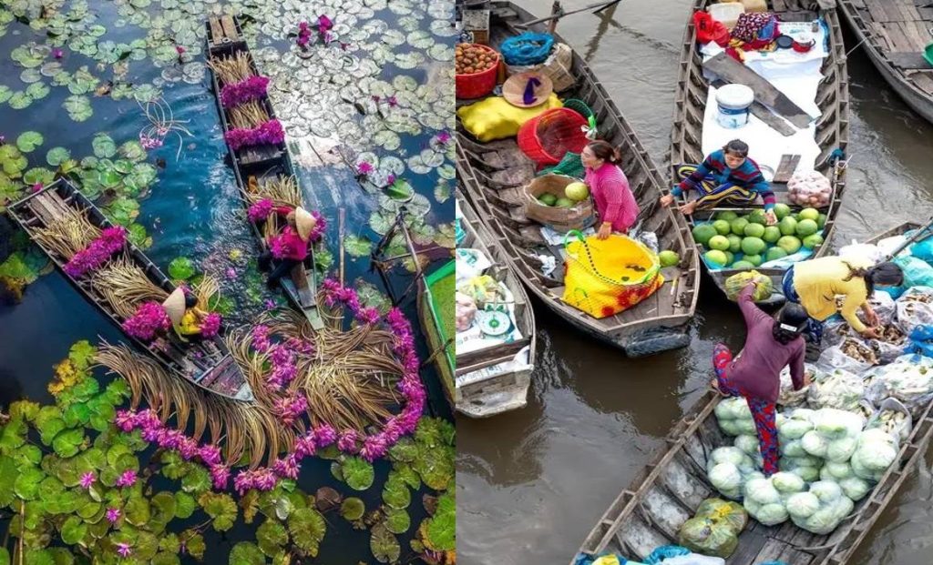 chợ nổi miền tây với những chiếc thuyền nổi trên sông và người dân buôn bán trên đó