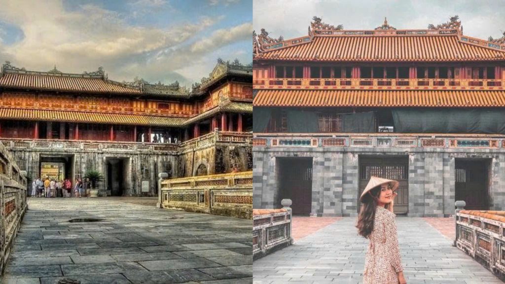 Đây là hình ảnh cổng Ngọ Môn to lớn và uy nghi dẫn vào bên trong Đại Nội, một địa điểm nổi tiếng mà ai cũng phải ghé thăm khi đi du lịch Huế, phía trước có khoảng sân rộng và bầu trời xanh ngắt rất đẹp