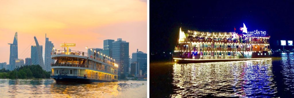  một chiếc thuyền to lớn chạy trên sông vào ban đêm