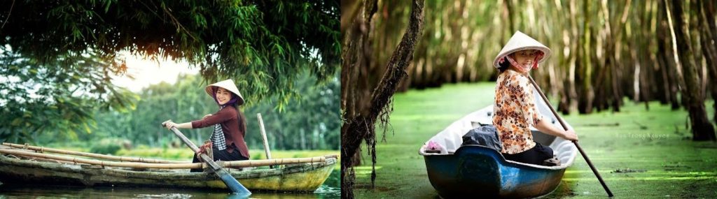 người phụ nữ miền tây dịu dành đang chèo xuồng ba lá trên sông